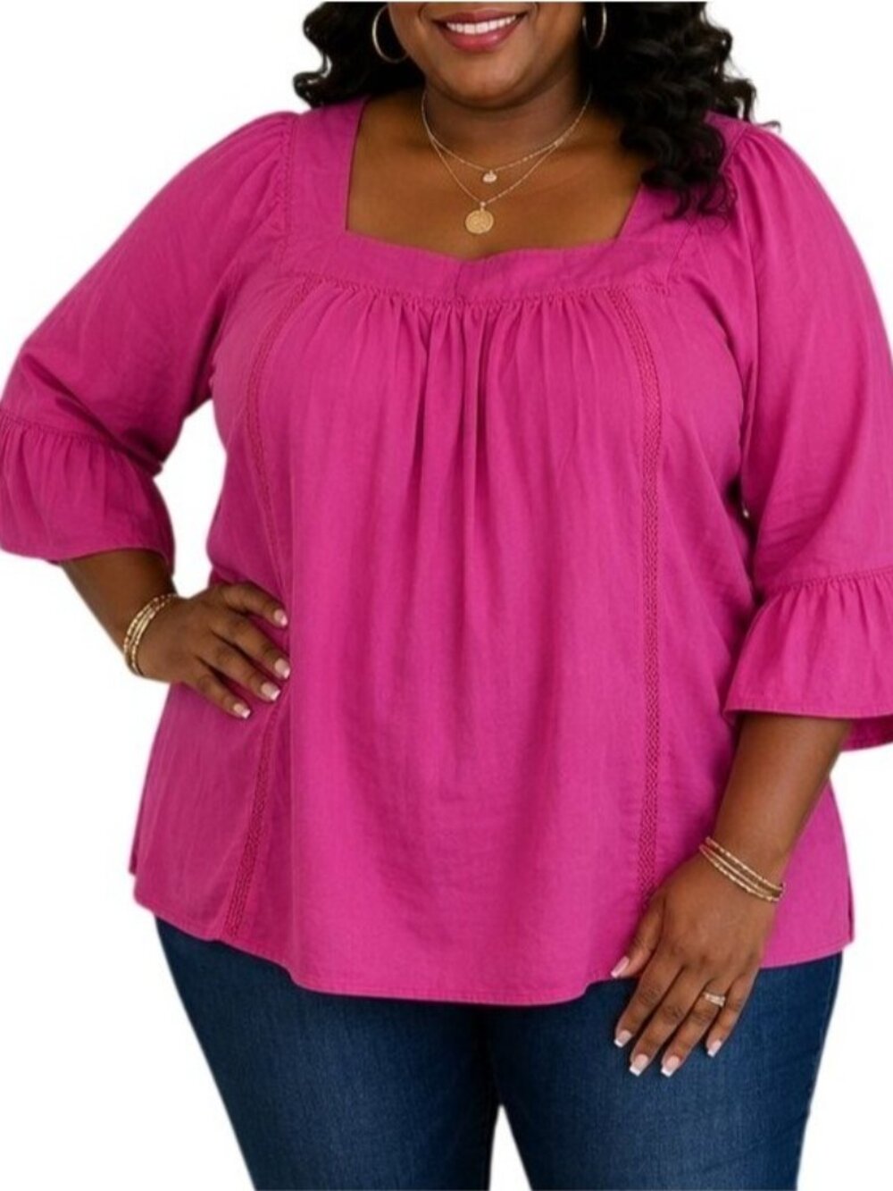 Time And Tru Size XXL Top Fuchsia Pink Bell Sleeve Peasant Top Square Neck